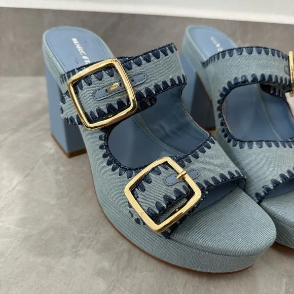 NWOT Women’s Marc Fisher Dalen Block Heel Slip On Denim Buckle Sandals Size 10 - Picture 4 of 13